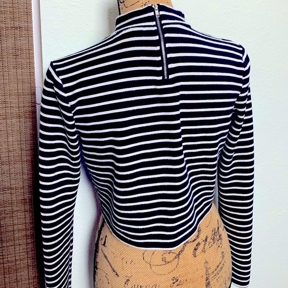 Mock Neck Black & White Striped Long Sleeve Crop Top - Picture 3 of 3